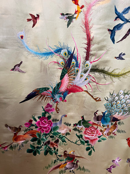 Antique Silk Embroidered Wallhanging with Exotic Birds: C20th China for export