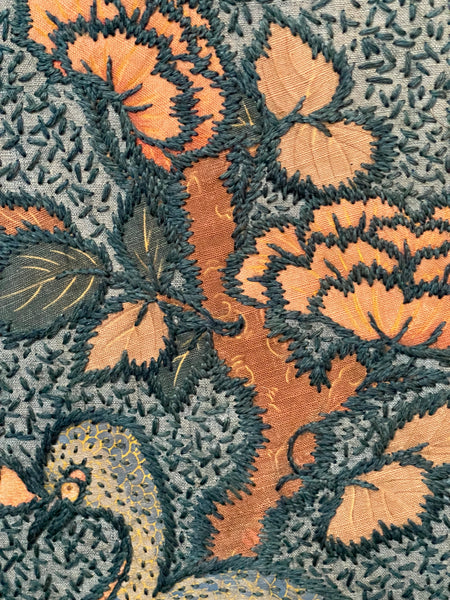 Antique Crewelwork Embroidered Tree of Life Wallhanging in Antique Japanese Bamboo Frame (2): C1900 Britain