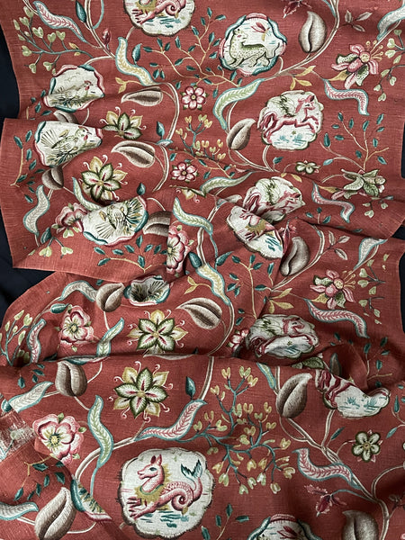 Antique Jacobean Revival Printed Linen with Mythical Animals Yardage Interior Decor Upholstery: C20th Britain