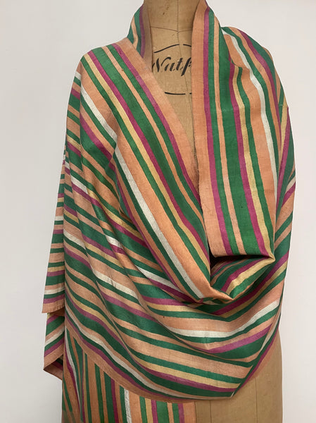 Antique Handwoven Silk Shawl Collectable Wrap Striped Silk Stole Dupatta: C20th Northern India