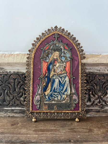 Antique Orphery Embroidery with Mary Queen of Heaven in Gothic Frame: Late C18th / 19th Century England
