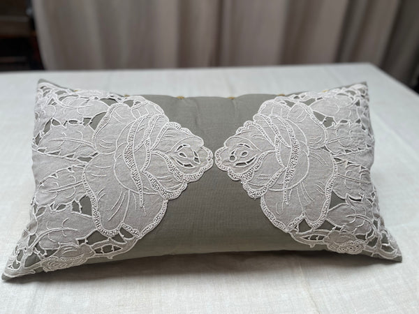 Linen Cutwork Embroidered Lace Pillow or Cushion: C1900 French