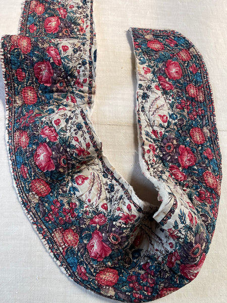 Antique Quilted Block Print & Hand Painted Floral Mezzaro Border: C19th Europe