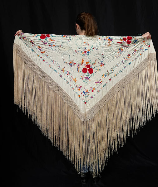 Antique Silk Embroidered Piano Shawl with Birds and Florals: C1920 Canton, China