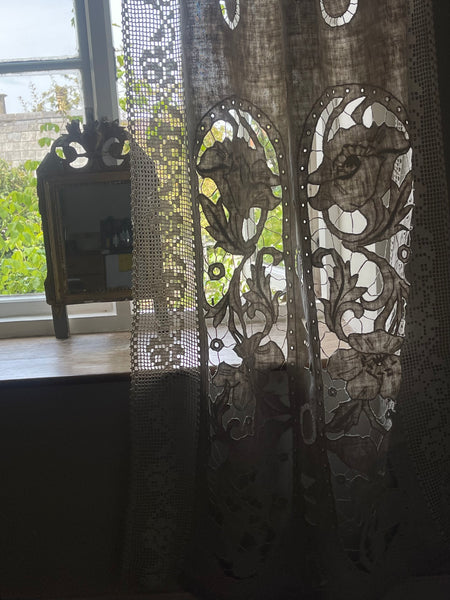 Antique Cutwork Embroidered Richelieu Lace Wallhanging Curtain Panel: C1900 - 1910 France