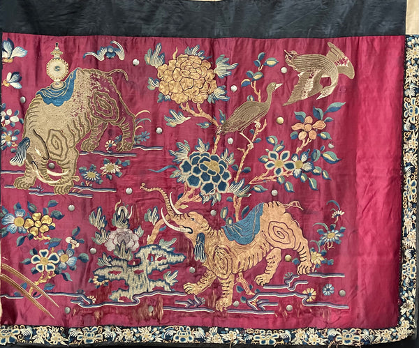Antique Gilt Thread and Silk Embroidery with Elephants: C19th China