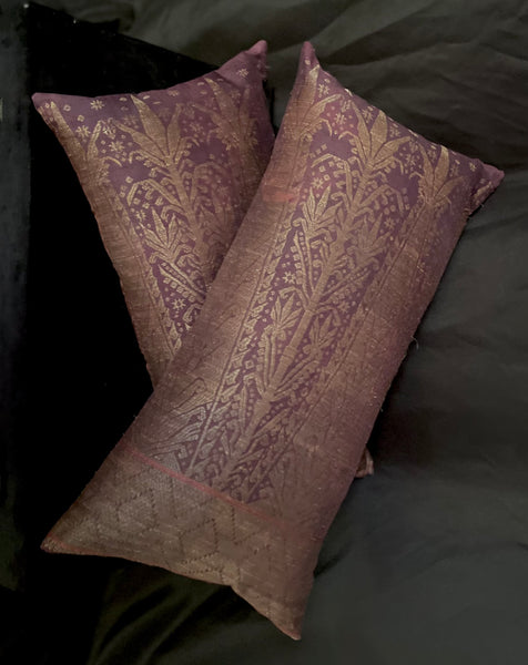 Handmade Cushion Made with Antique Brocaded Silk and Gilt Thread Panel: C19th Sumatra