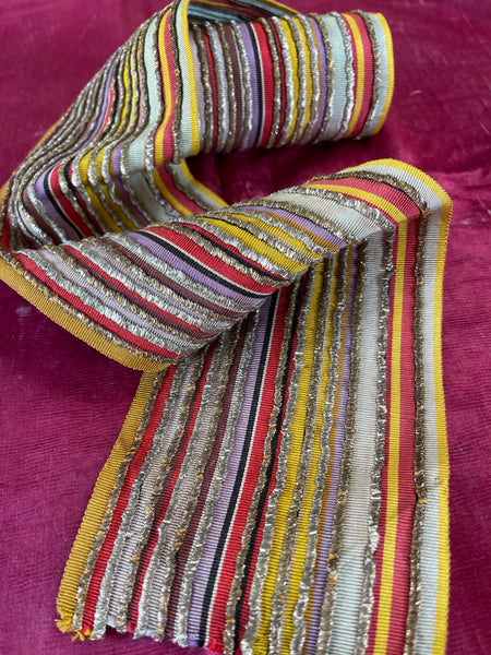 Antique Woven Silk Striped Sash Band with Silver Embroidery: C19th Morocco