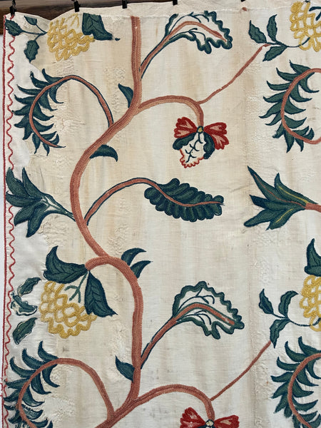 Original Antique Crewelwork Embroidered Bed Hanging: C18th Britain