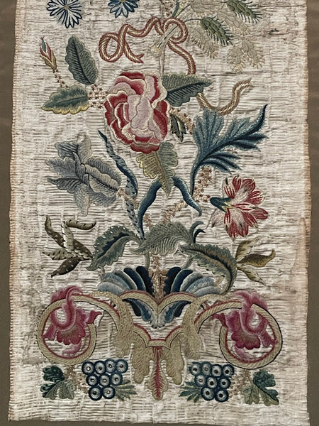 Antique Fine Silk and Wool Embroidered panel with Bouquet of Flowers: C1700 England