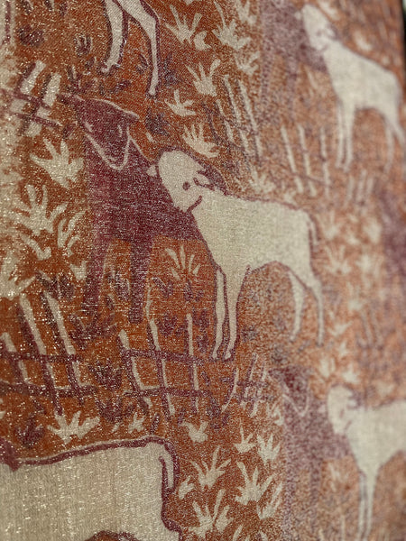 Antique Arts and Crafts Block Printed Lamé with Lambs: C1910/20 Britain