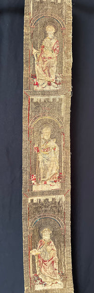 Rare Tudor Orphrey Silk and Metal Thread Embroidered Panels with Iconography Saints: C16th England