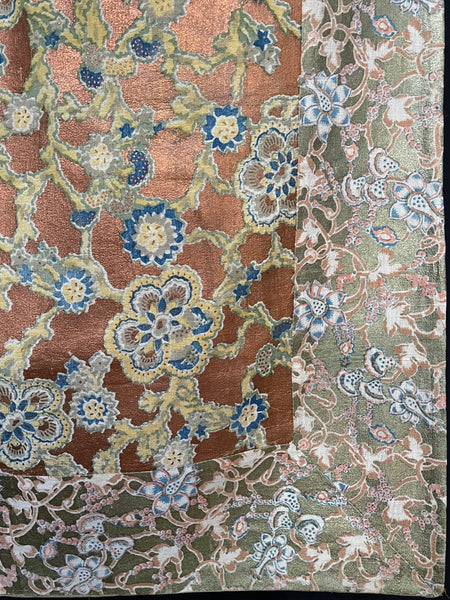 Traditional Block Printed Panel Wrapper Florals with Copper and Gold: C1930s Japan
