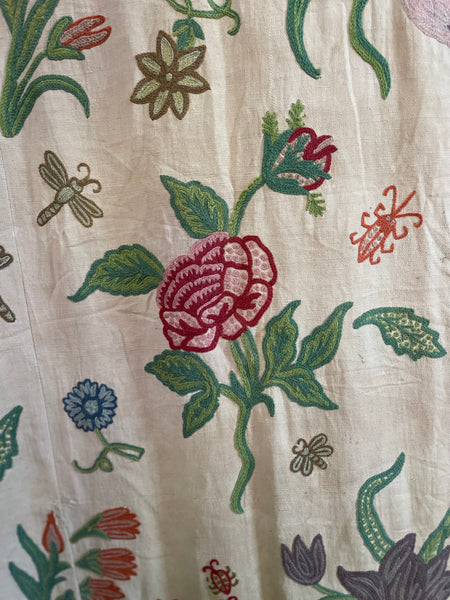 Vintage Jacobean Revival Crewelwork Embroidered Bedcover Quilt: C1970s Kashmir, India for export. 200cm x 220cm