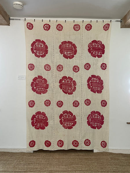 Antique Traditional Folk Embroidered Red and White Embroidered Linen Bedcover: C19th Hungary
