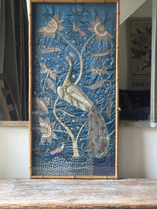 Antique Zardozi Embroidery Peacock & Tree of Life in Original Frame: C1900 India for export