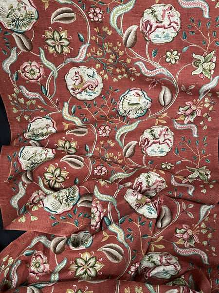 Antique Jacobean Revival Printed Linen with Mythical Animals Yardage Interior Decor Upholstery: C20th Britain