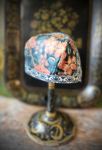Antique Traditional Folk Costume Chintz Baby’s Bonnet: C19th Marken, Netherlands. Blue/Brown
