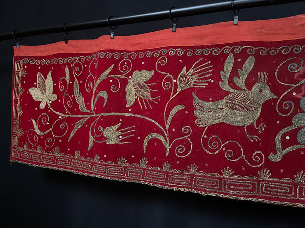 Red and Gold Embroidered Pelmet Walk Hanging with Birds: C20th Sumatra, Indonisia