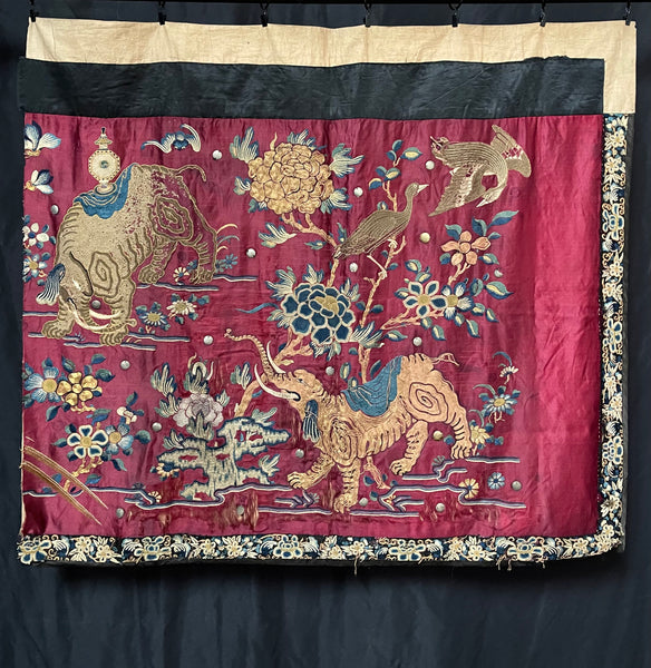 Antique Gilt Thread and Silk Embroidery with Elephants: C19th China
