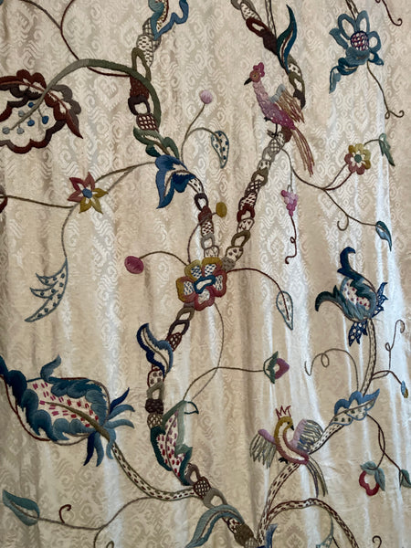 Antique Embroidered Crewelwork Tree of Life with Birds: C1910 A.H. Lee, Birkenhead, Britain. 337cm x 126cm