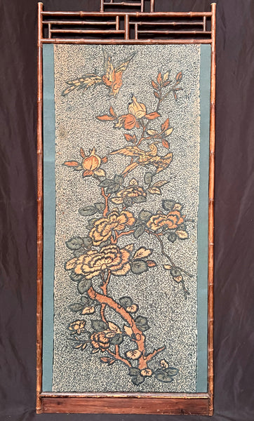Arts and Crafts Crewelwork Embroidered Tree of Life Panel in Antique Japanese Bamboo Frame (1) : C1900 Britain