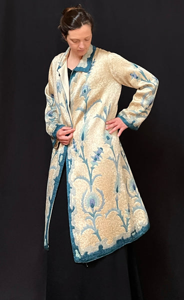 Art Deco Silk Embroidered Coat with Peacock Feathers: C1910 Britain