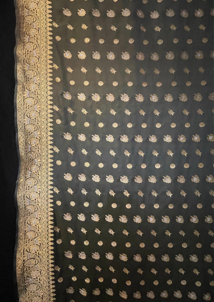 Antique Olive Green & Gold Traditional Silk Brocade Sari: C20th India