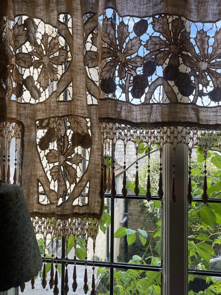 Antique Richelieu Hand Embroidered Pelmet or Café Curtain with Carved Beaded Fringe: C1900 France