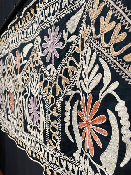 Long Silk Embroidered Suzani Wall or Tent Hanging: C1920 Uzbekistan