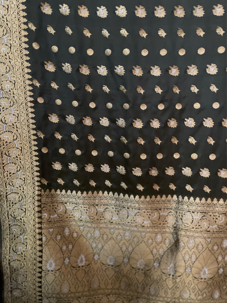 Antique Olive Green & Gold Traditional Silk Brocade Sari: C20th India