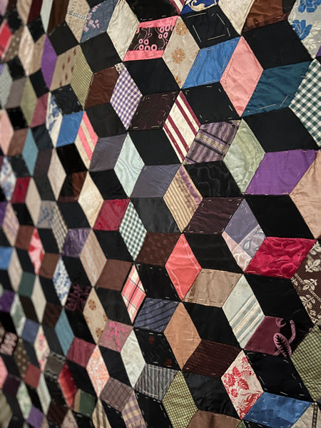 Antique Silk Tumbling Blocks Patchwork Quilt: C19th Britain