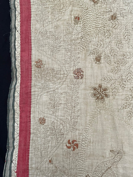 Rare Antique Hand Embroidered Kantha Quilt with Birds & Trees of Life: 19th Century, Bangladesh