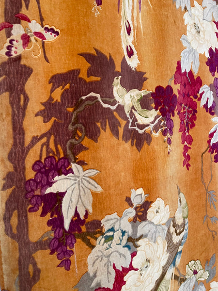 Original Antique Art Deco Chinoiserie Printed Velvet Liberty of London Design Birds Wisteria: C1920s London, England
