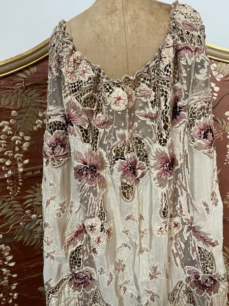 Antique Edwardian Art Nouveau Embroidered and Appliquéd Florals Silk Cape: C1910 France