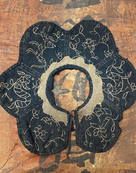 Antique Traditional Child’s Embroidered Indigo Collar: Qing Dynasty,  China