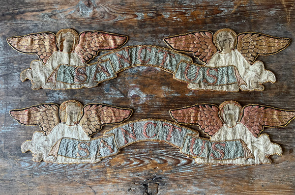 Pair of Fine Silk Embroidered Arts and Crafts ‘Sanctus’ Angel Appliqués :C1890 English