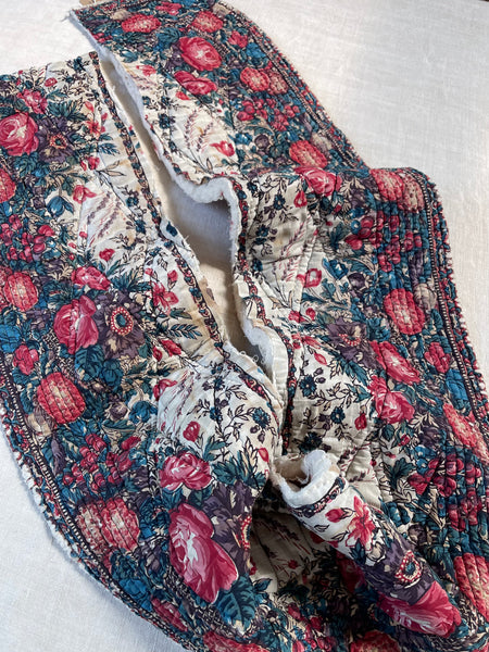 Antique Quilted Block Print & Hand Painted Floral Mezzaro Border: C19th Europe