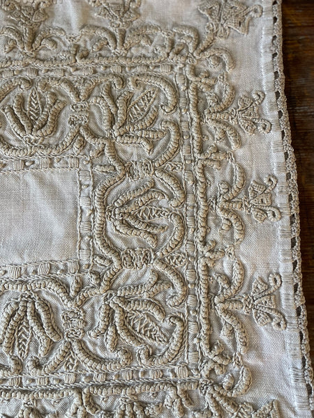 Antique Heirloom Whitework Embroidery Linen Cushion Cover: C19th Italy
