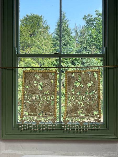 Pair Antique Art Deco French Richelieu Embroidered Linen Cafe Curtains Handmade Sunflower Motif