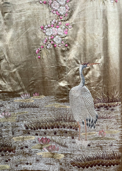 Antique Silk Embroidered Tapestry Wallhanging with Cherry Blossom & Storks: Japanese Meiji Period C19th Century. 223 x 175cm