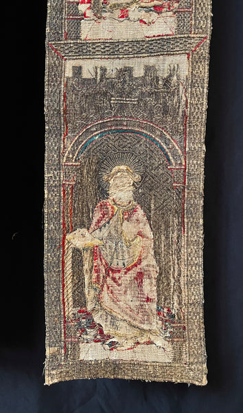 Rare Tudor Orphrey Silk and Metal Thread Embroidered Panels with Iconography Saints: C16th England