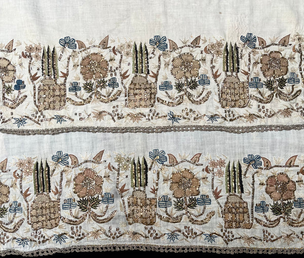 Pair Antique Ottoman Embroideries Silk and Metal Thread With Architectural & Garden Elements: C19th Turkey