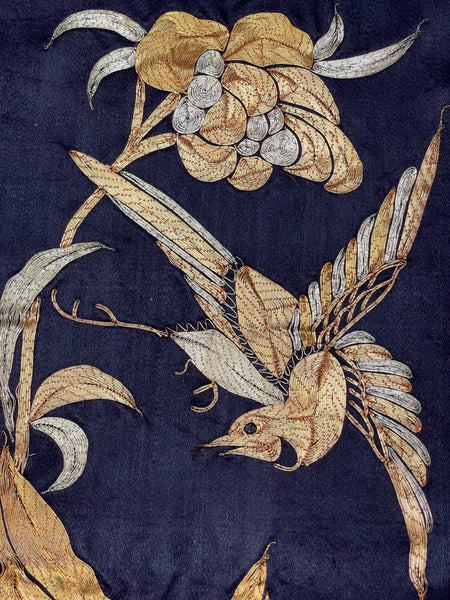 Antique Find Gold and Silver Thread Embroidery with Peony and Phoenix: C19th Japan