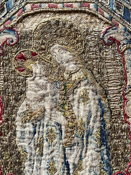 Antique Opus Anglicanum Medieval Orphrey Embroidery Madonna and Child: C16th England