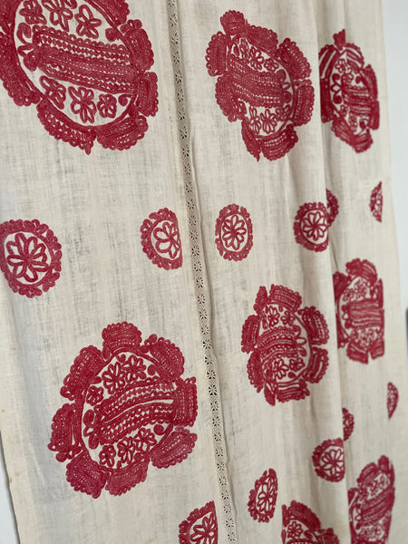 Antique Traditional Folk Embroidered Red and White Embroidered Linen Bedcover: C19th Hungary
