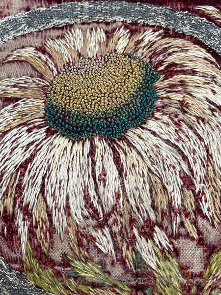 Early Silk and Metal Thread Embroidered Velvet Panel with Peacock and Flowers: C17th Italy or Spain