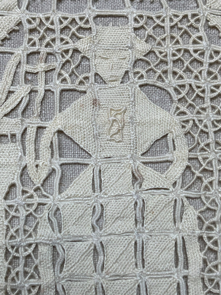 Antique Reticula Needlepoint Figurative Lace Panel Viking Ship: C1910 Europe