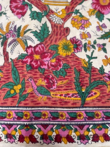 Block Print Tree of Life with Parrots, Peacock, Flowers & Butterflies: C20th India