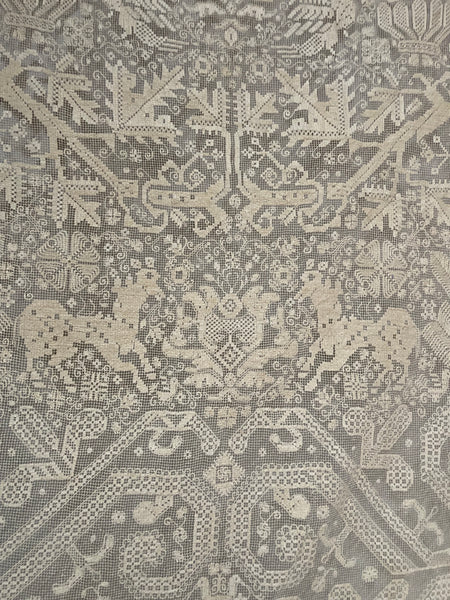 Antique Early Figurative Filet Lace Curtain Mythological Beasts Birds Tree of Life Hand Embroidered: C18th Italy